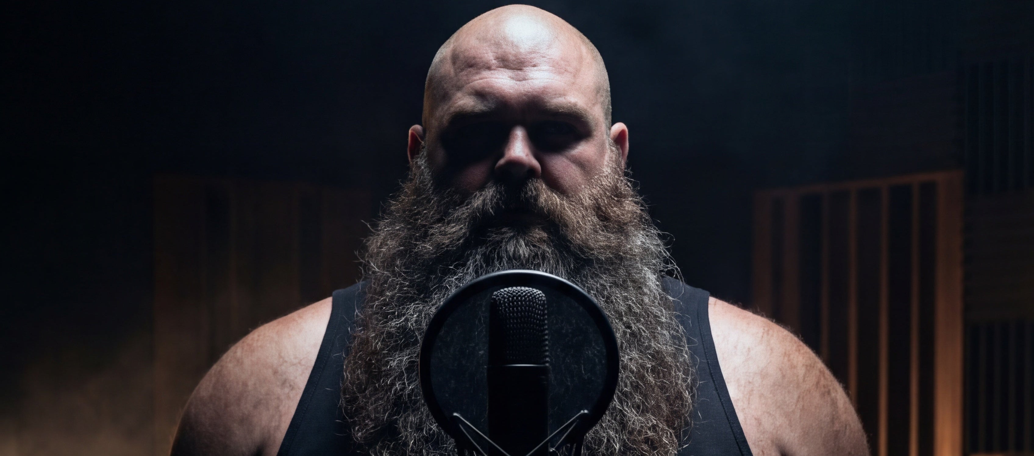 Country Outlaw recording artist Owen James in a dark room with a microphone